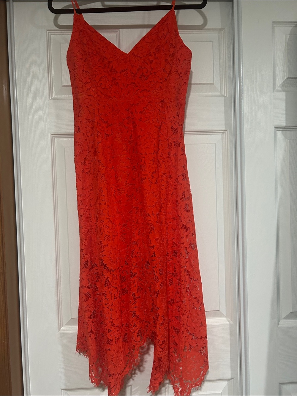 Lulu's Red/Orange Lace Midi Slip Dress with V-Neck